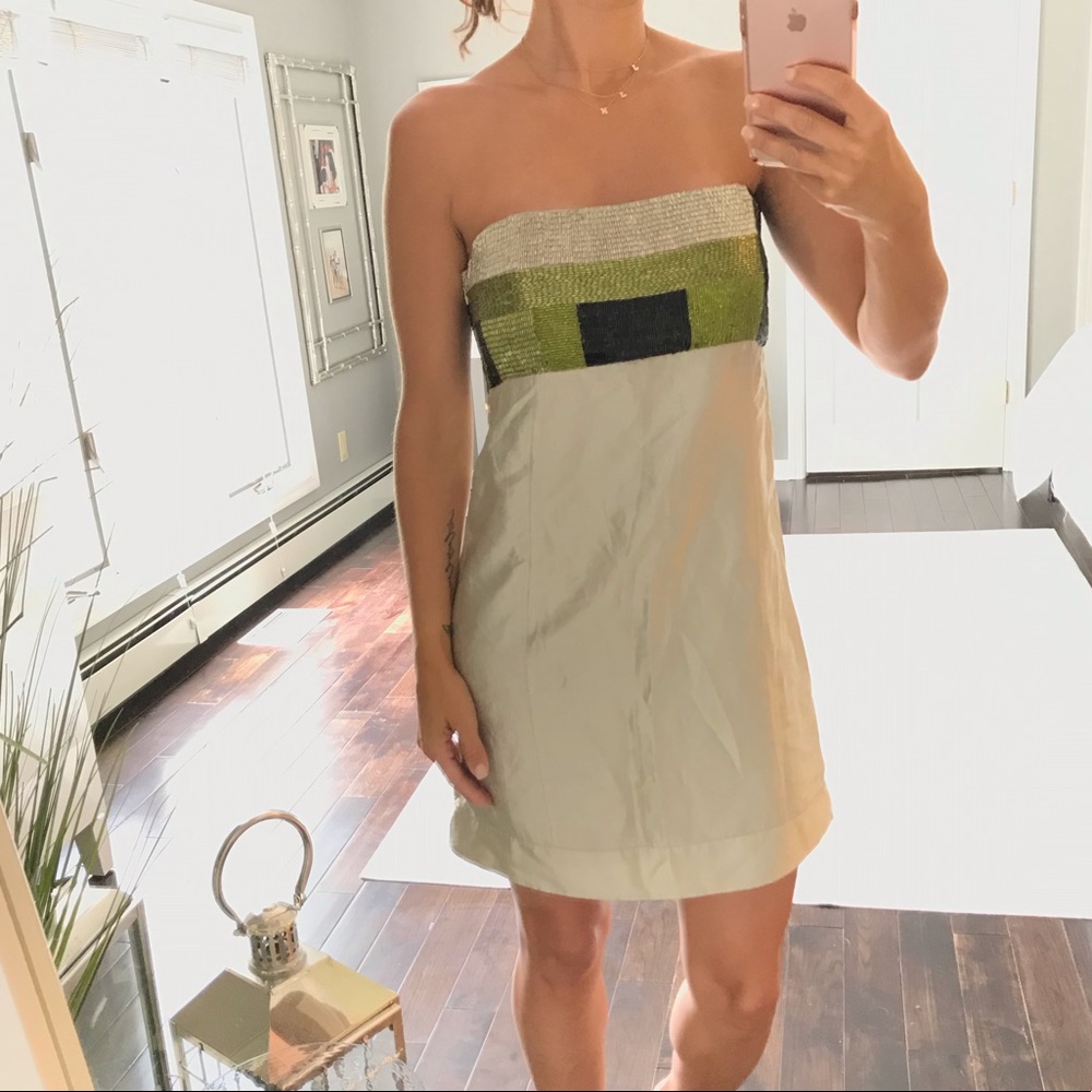 Alice + Olivia light gold silk beaded mini dress